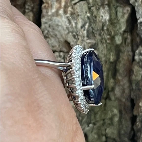 NWT Natural Sapphire 16X13mm CZ accents Statement Ring S10 Unheated/ Untreated - Picture 9 of 14